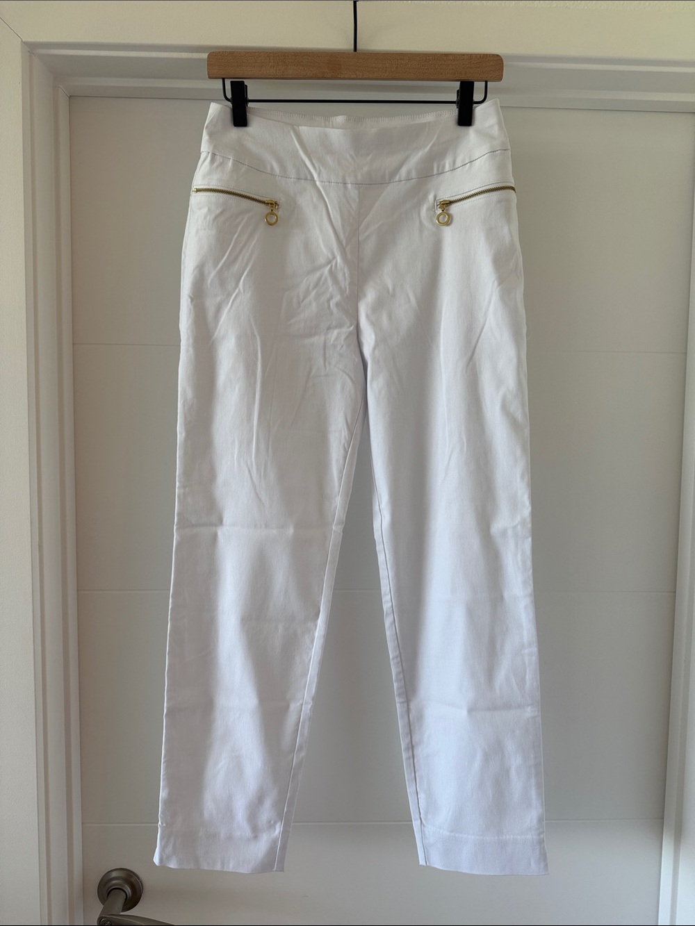 Susan Graver Bright White Dress Pants with Gold Accents and Elastic Waistband
